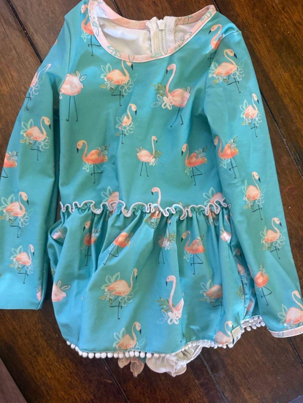 Girls' Aqua Flamingo Long-Sleeve One-Piece Swimsuit with Ruffle Skirt